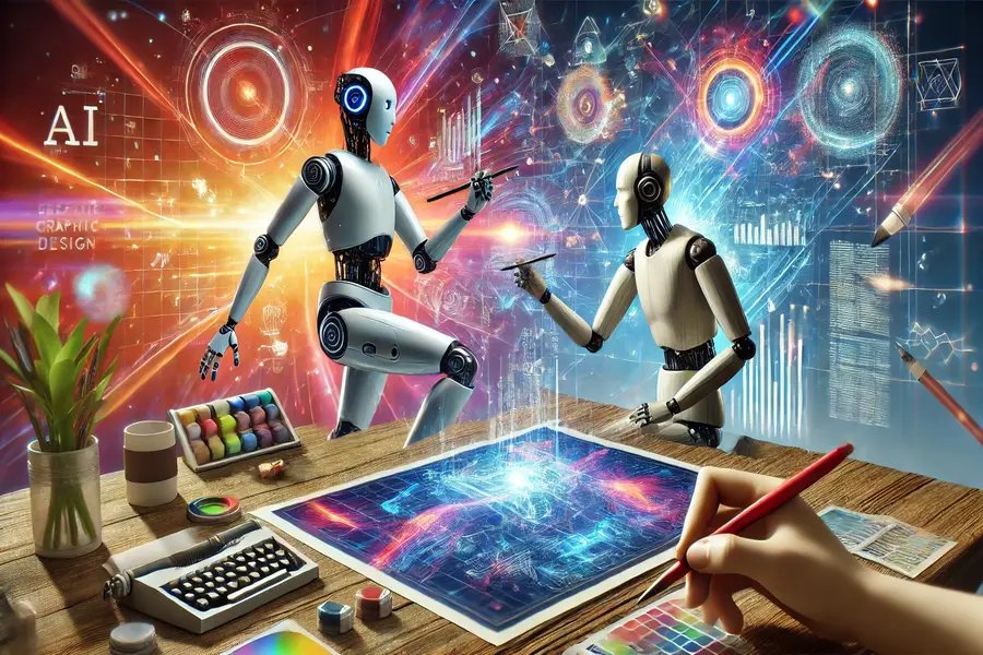 Robot eli ve insan eli birlikte bir tasarım tableti üzerinde çalışıyor: yapay zeka ile insan yaratıcılığının ortaklığı