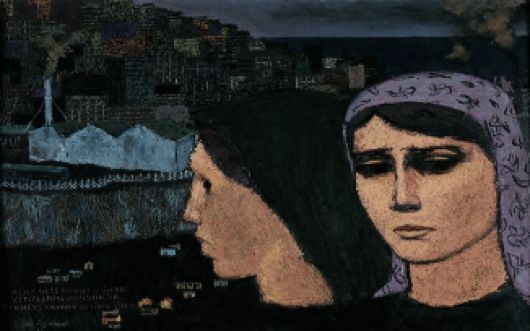 Nuri İyem, “Açar Gecekondu Gülleri Kentler”, 1978, oil on duralite, 44X36.5 cm.