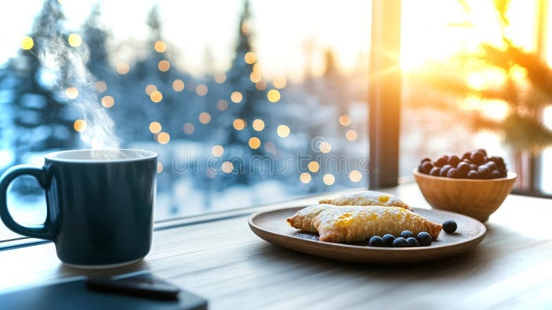 Karlı doğa manzaralı pencereye bakan minimal Fin tasarımı çalışma masası, sisu felsefesi