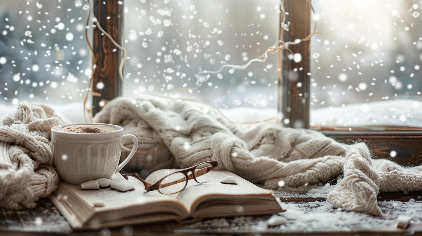 Kar yağışına karşı cam kenarında yumuşak tekstillerle çevrili rahat okuma köşesi