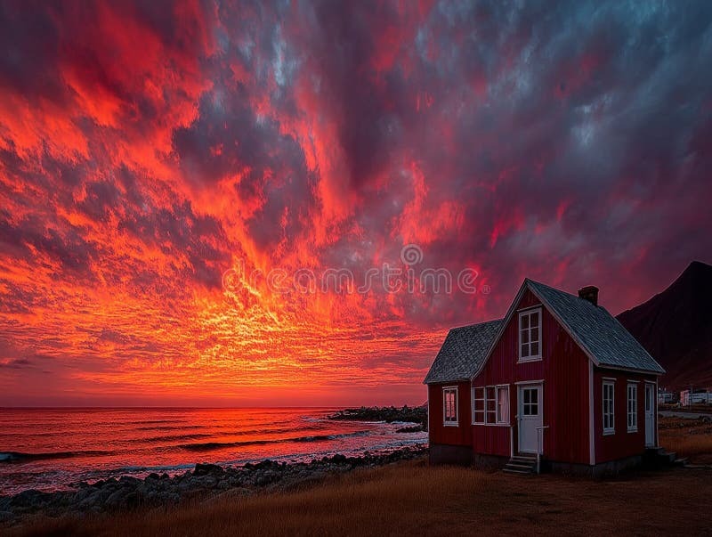 Gece yarısı güneşi altında aydınlanan İskandinav evi, yaz solstisi